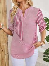 EMERY ROSE Women Striped Print V-Neck Roll-Up Sleeve Shirt